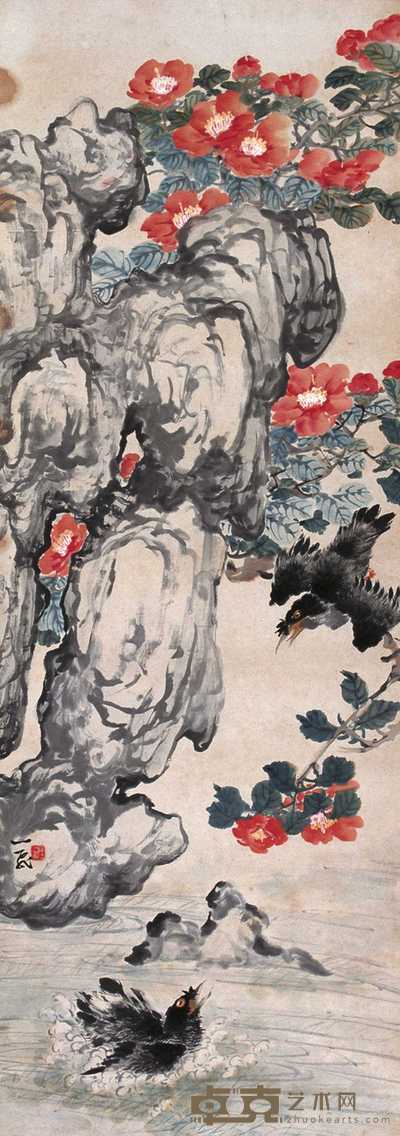 陆抑非 山茶八哥 镜心 131×46cm